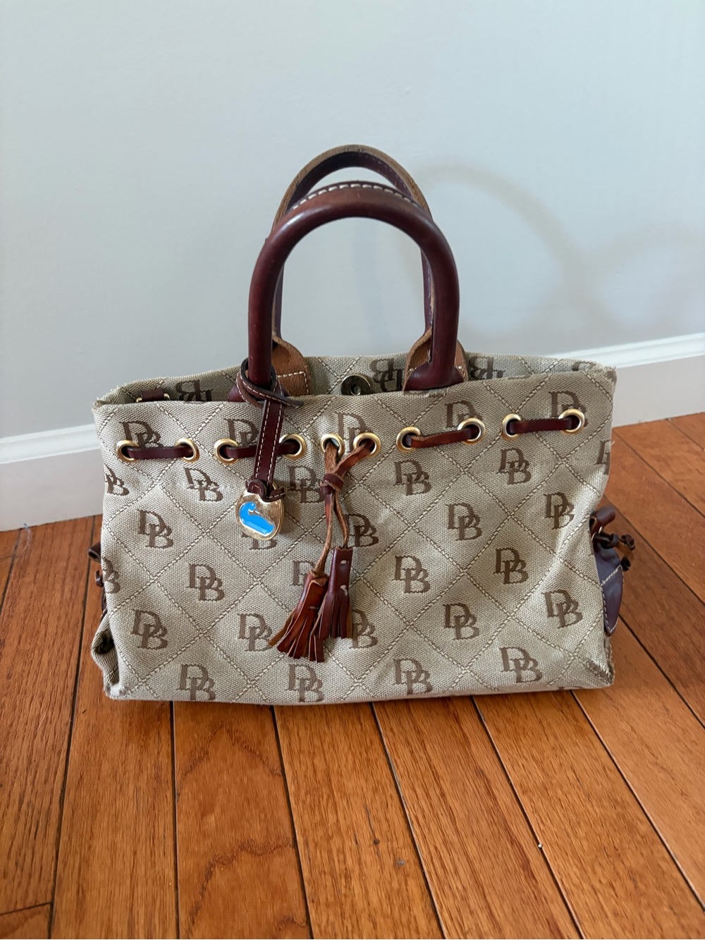 Vintage Dooney & Bourke Beige Logo Canvas Tote with Brown Leather Trim